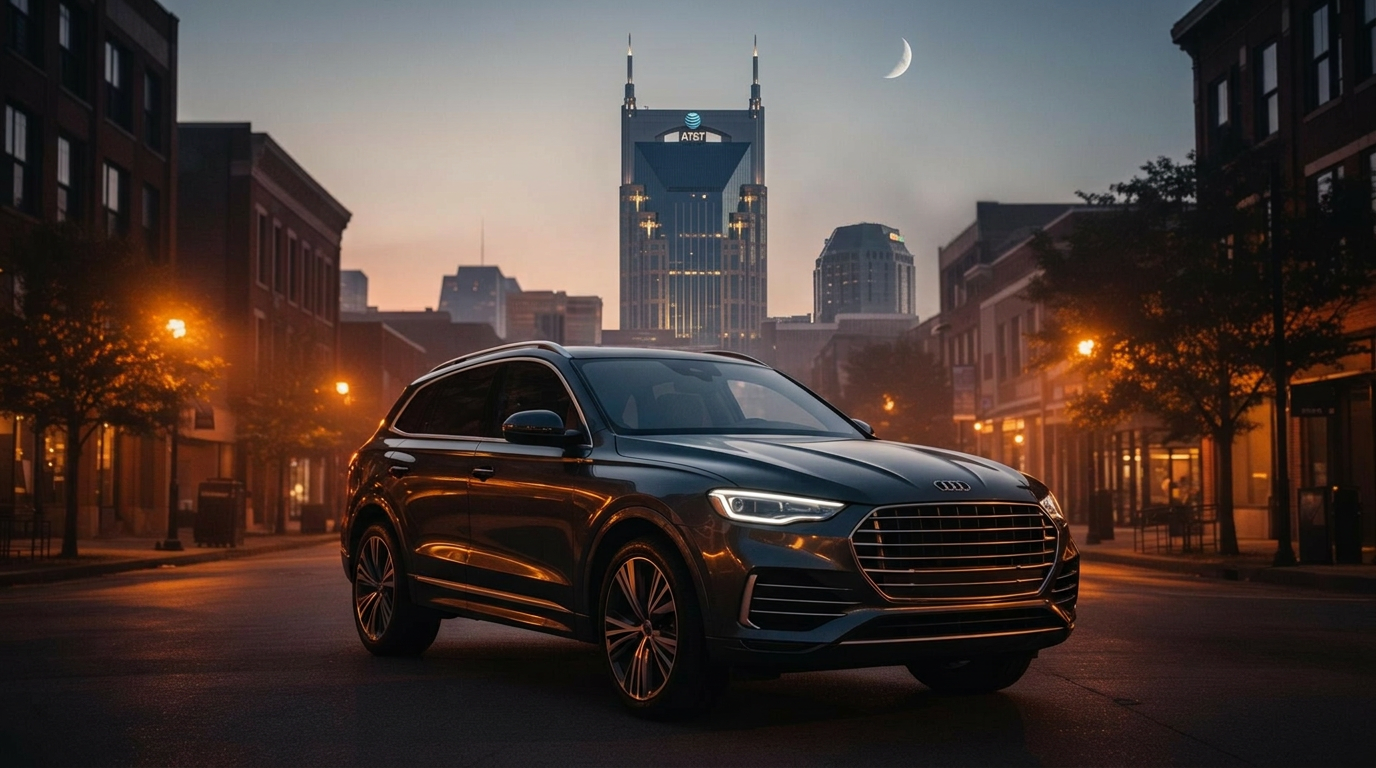 Premium SUV in downtown Nashville at dusk